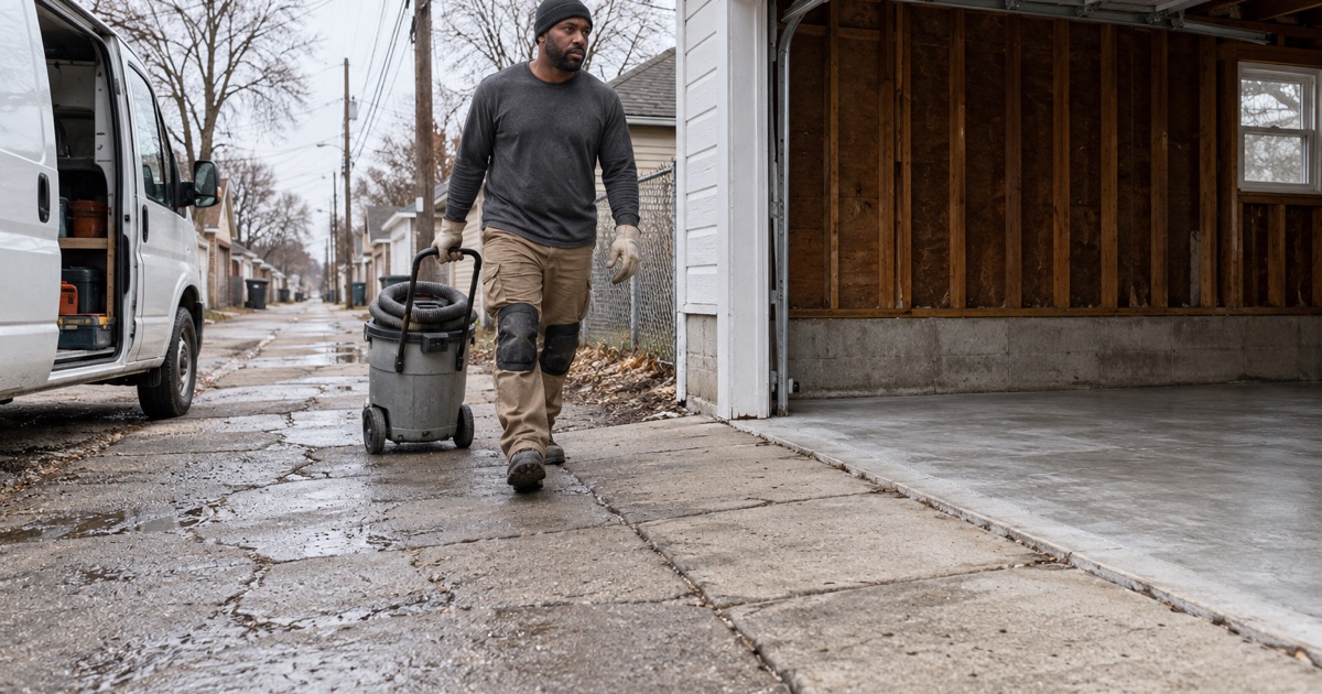 A dust extractor wheeled down a Gary alley to a detached garage at the start of a floor job.