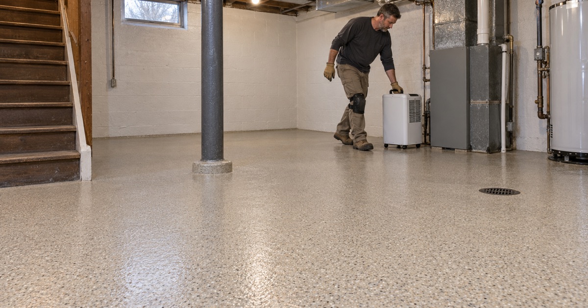 A dehumidifier rolled back into place on a newly coated basement floor under a 1930s Gary bungalow.