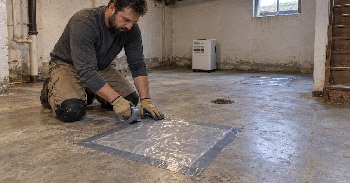 A clear plastic moisture test sheet taped down on the bare floor of an older Gary basement before any coating is chosen.