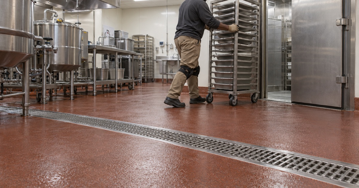 A sheet-pan rack rolled across a textured urethane cement floor in a hospital kitchen in Gary, Indiana.