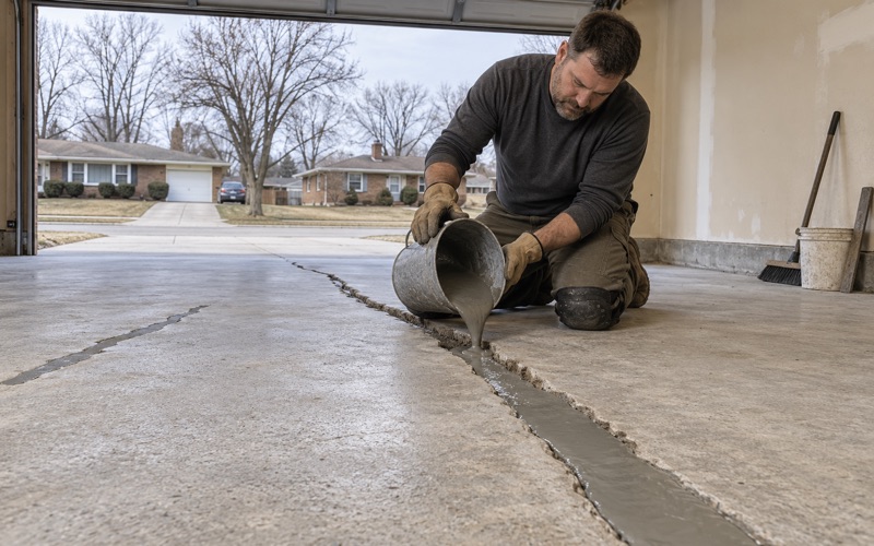A chased-out crack being filled with repair mortar on a ground garage slab in Gary, Indiana before coating.