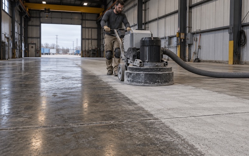 A walk-behind grinder with a dust shroud opening up the slab of a steel fabrication shop in Gary, Indiana.