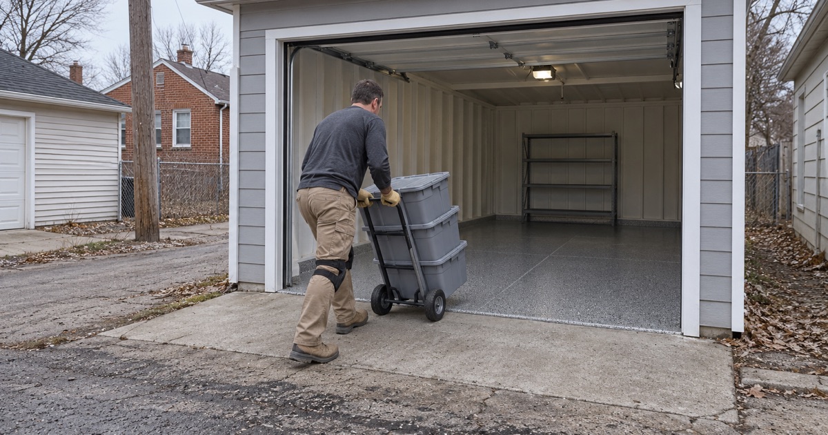 A finished gray and black flake floor in a detached garage off the alley behind a brick bungalow in Gary, Indiana, storage totes wheeled back in.