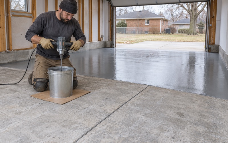 Epoxy base coat being mixed on the ground slab of a two-car garage behind a Gary, Indiana brick ranch, the back half already coated.