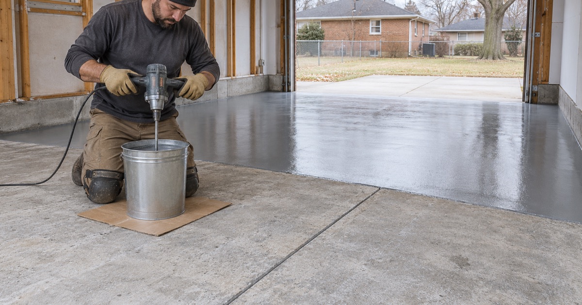 Epoxy base coat being mixed on the ground slab of a two-car garage behind a Gary, Indiana brick ranch, the back half already coated.