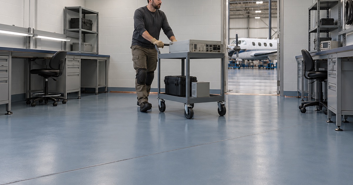A static-dissipative floor in an avionics repair room at the Gary, Indiana airport, an equipment cart rolled across it.
