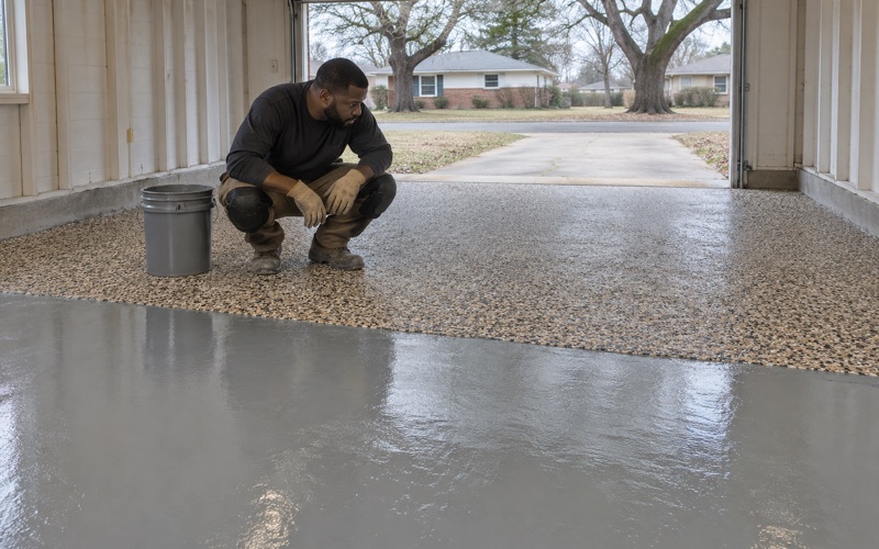 A worker crouching to check a freshly broadcast tan and black flake floor in a garage in the Miller neighborhood of Gary, Indiana.