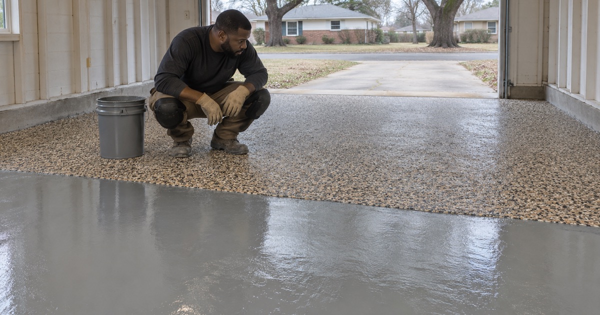 A worker crouching to check a freshly broadcast tan and black flake floor in a garage in the Miller neighborhood of Gary, Indiana.
