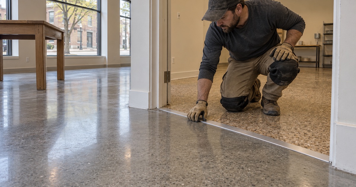 Polished concrete in the front room of a renovated brick building in Gary meeting a flake floor in the back room at a metal transition strip.