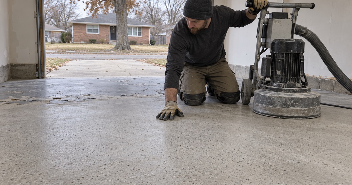 An old salt-pitted garage slab behind a 1950s Gary ranch freshly diamond ground, the old peeling floor paint still on a strip at the door.