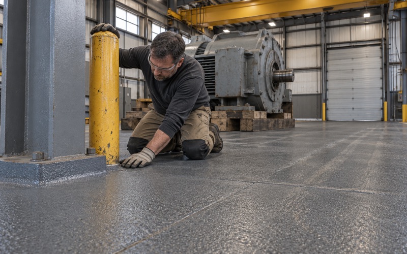 A heavy-duty coated floor coved up around a bollard-guarded column in a steel mill maintenance shop in Gary, Indiana.