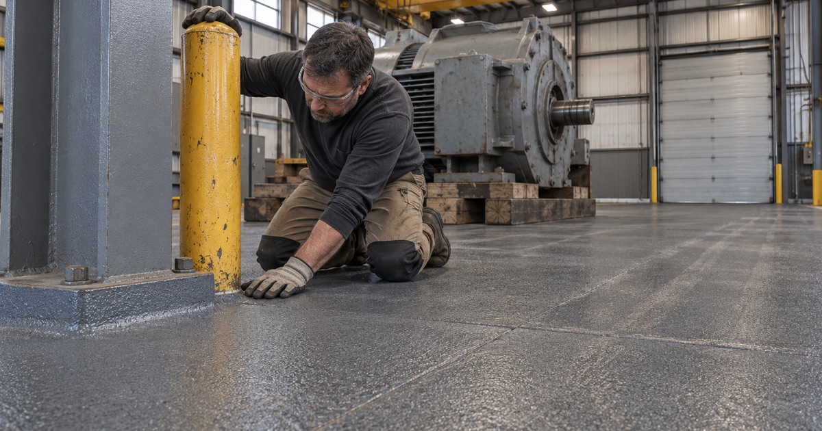 A heavy-duty coated floor coved up around a bollard-guarded column in a steel mill maintenance shop in Gary, Indiana.