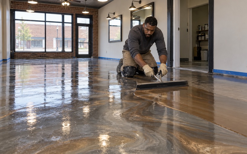 Pewter and bronze metallic epoxy being spread across the floor of a small barbershop on a Gary, Indiana avenue.