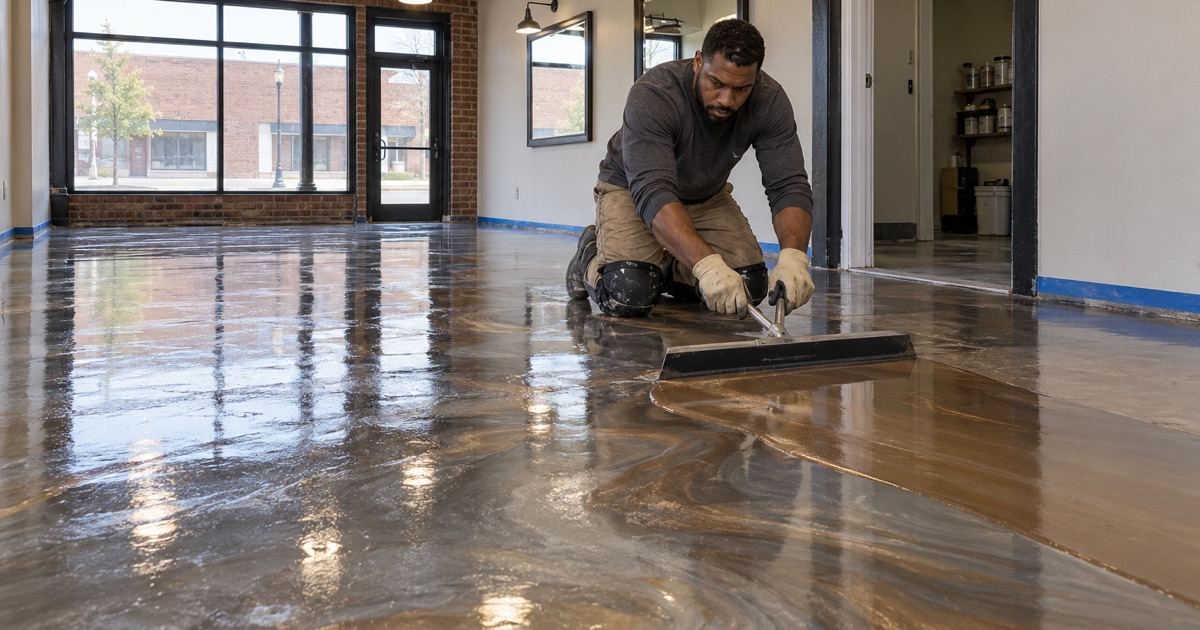 Pewter and bronze metallic epoxy being spread across the floor of a small barbershop on a Gary, Indiana avenue.