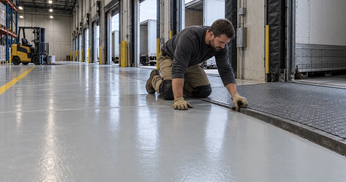 A coated warehouse floor ending flush at a dock leveler lip in a distribution building near the Gary airport.