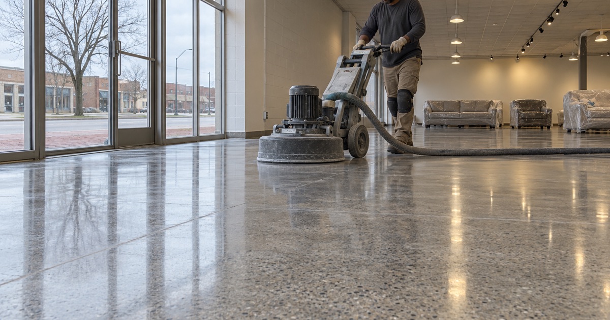 A walk-behind polisher bringing up the sheen on the concrete floor of a former auto showroom on an old Gary avenue, now a furniture store.